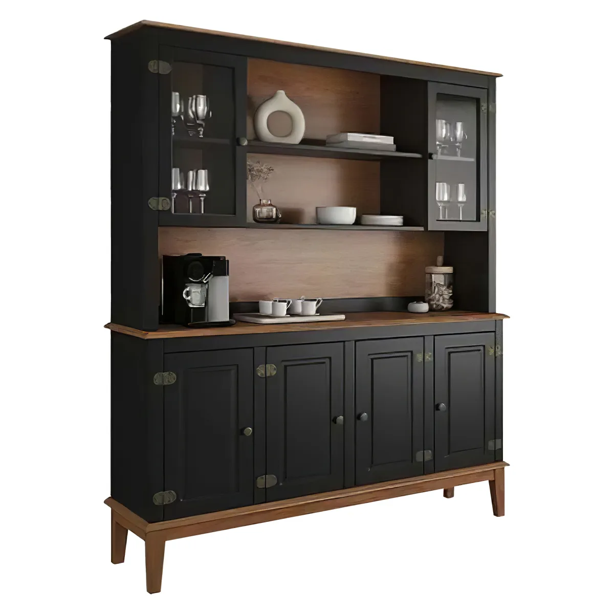 ESTANTE MADERA PINO 6  PUERTAS + NICHO NEGRO